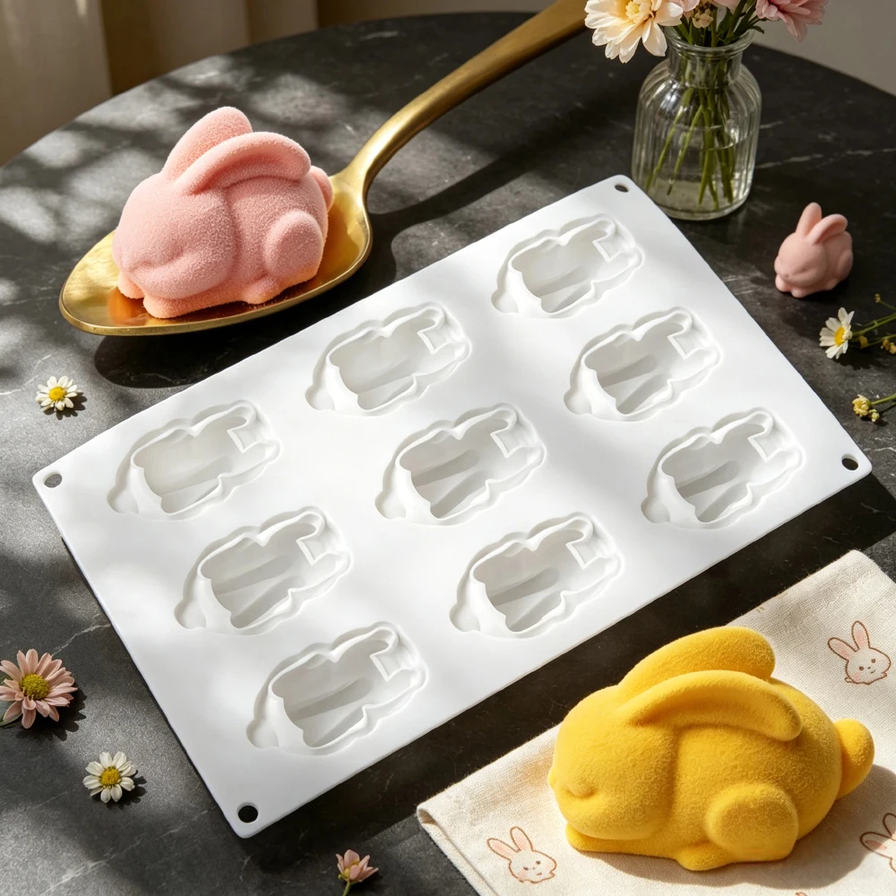 9-Cavity Silicone Mold for Long-Eared Rabbit Mousse Cake Chocolate Dessert Pudding Baking Cute Rabbit Candle Handmade Soap Mold