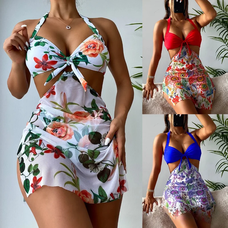 

Women's Clothing Summer Swimwear Split Print Sexy Briefs Three Piece Skirt for Swimming and Surfing Suit Swimdress Ropa Mujer