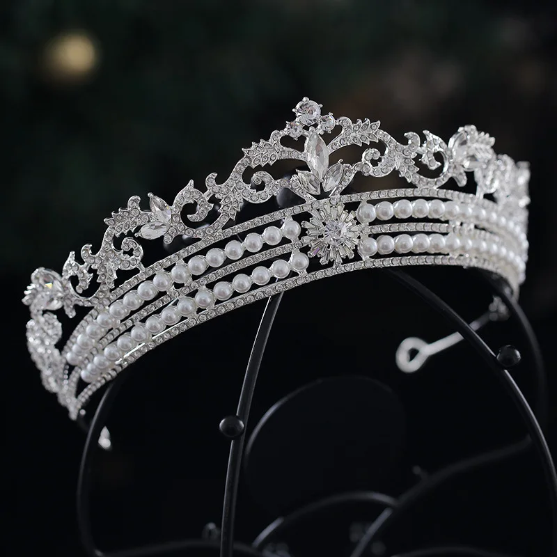 Luxury Silver Color Crystal Pearls Bridal Tiaras Crown Rhinestone Pageant Diadem Baroque Leaf Headbands Wedding Hair Accessories