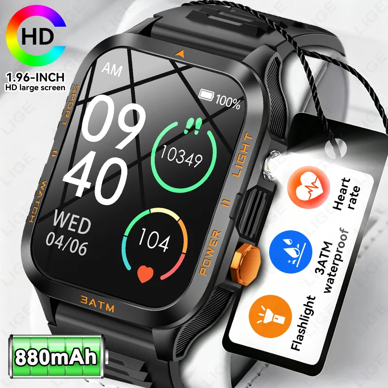 

LIGE 2026 Military 880mAh Battery Smart Watch Men Outdoor Flashlight 3ATM Waterproof Heart Rate Bluetooth Call Sports Bracelets