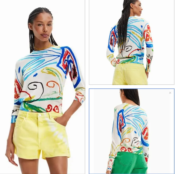 Spanish foreign trade new hot - selling style, printed stretch round neck long sleeve thin women's knitwear