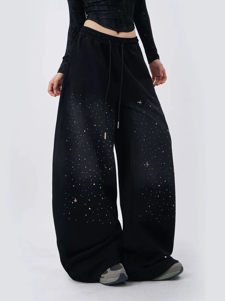 Y2K Hot Stamping Starry Sky Gradient Black Curved Knife Pants Women Loose Fit Sweat Jeans Jazz Dance