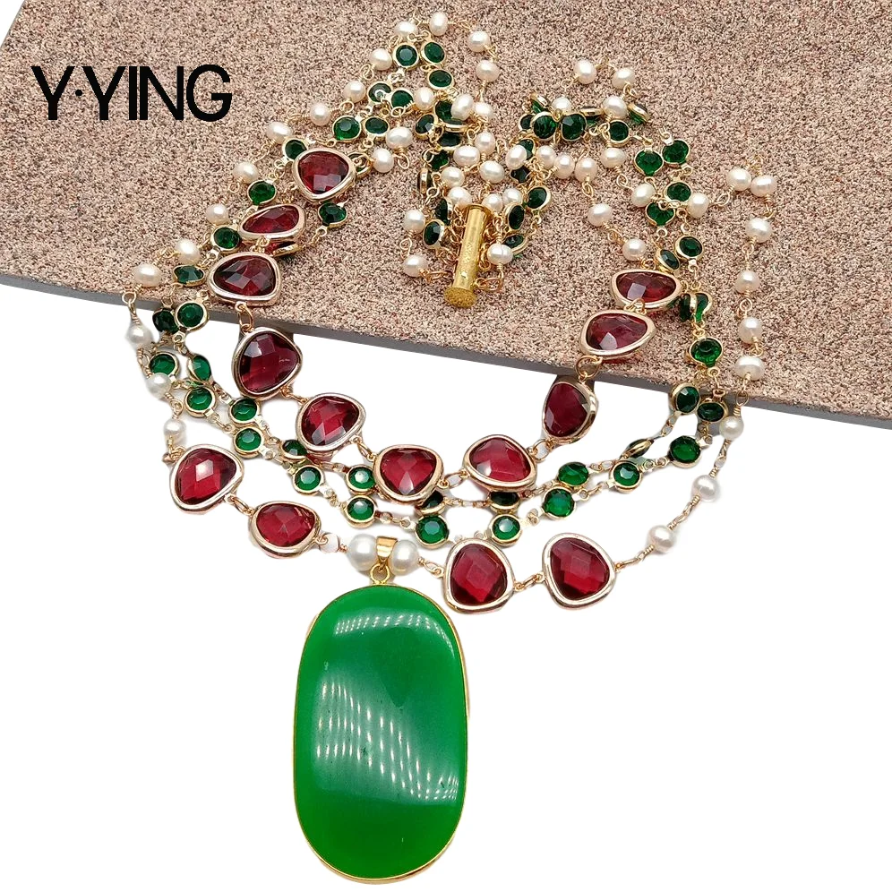 Y·YING Natural 4 Strands Cultured White Freshwater Pearl Red Crystal Bezel Chain Statement Necklace Green Stone Pendant Necklace