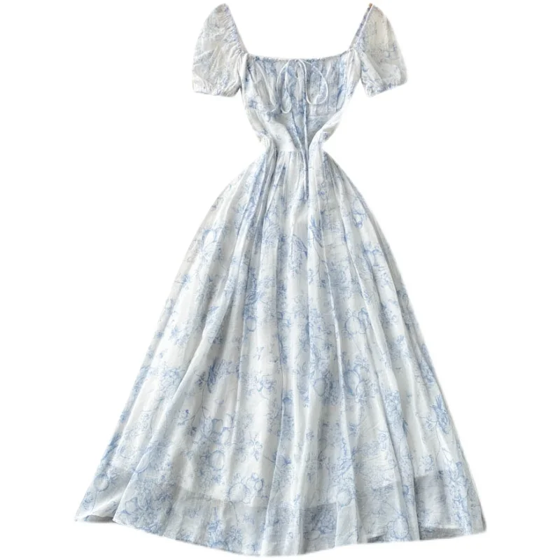 Vestido de Verano con Estampado Floral, Cuello Cuad, Estilo Retro, Cintura Ajustada, Manga Corta, Línea A, para Mujeres J...