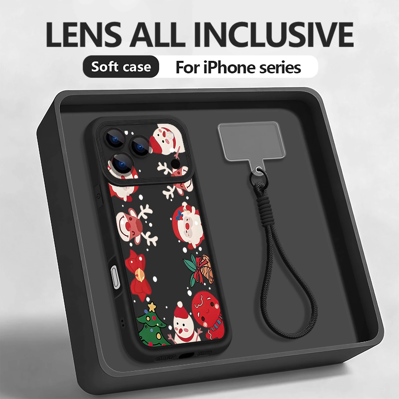 Weiche Handyhülle mit Cartoon-Weihnachtsdruck für iPhone 17 Pro Max Air 16e 16 15 14 Pro Max 13 12 Pro 11 stoßfeste TPU-Lanyard-Abdeckung