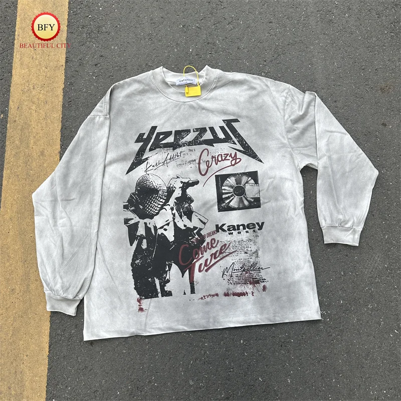 24ss High Quality Kanye Washed Destroyed Vintage Jet Color Graffiti Long Sleeve T-Shirt Mens Womens Autumn Winter Clothing