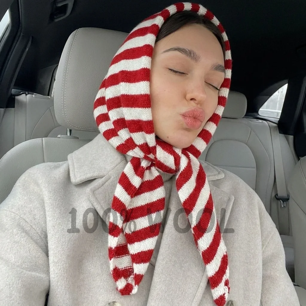 Knitted 100% Wool  Head Wrap Women Winter Thick Triangle Shawl Striped Soft Warm Neck Scarf Versatile Outdoor Accessory 2026