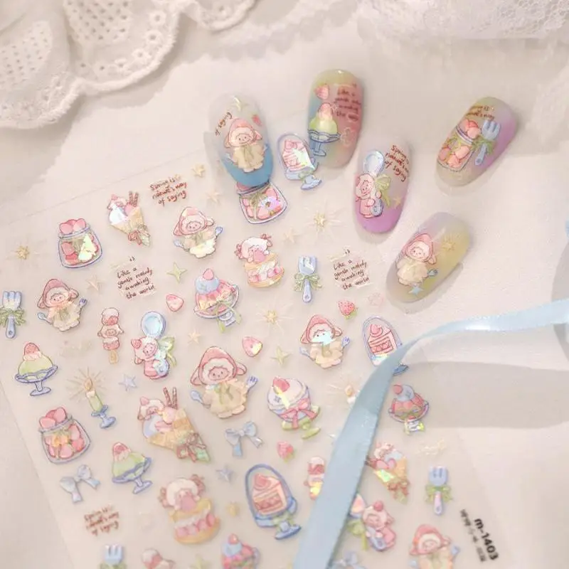 Cartoon Nail Stickers for Beginners Self Adhesive Sheep Dessert Bow Star Patterns Easy Peel Manicure Decals Home DIY Use