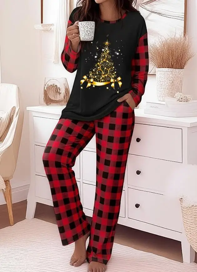 Conjunto feminino de Natal com gola redonda e estampa xadrez emendada com estampa de árvore de Natal, top de manga comprida e calças de perna reta
