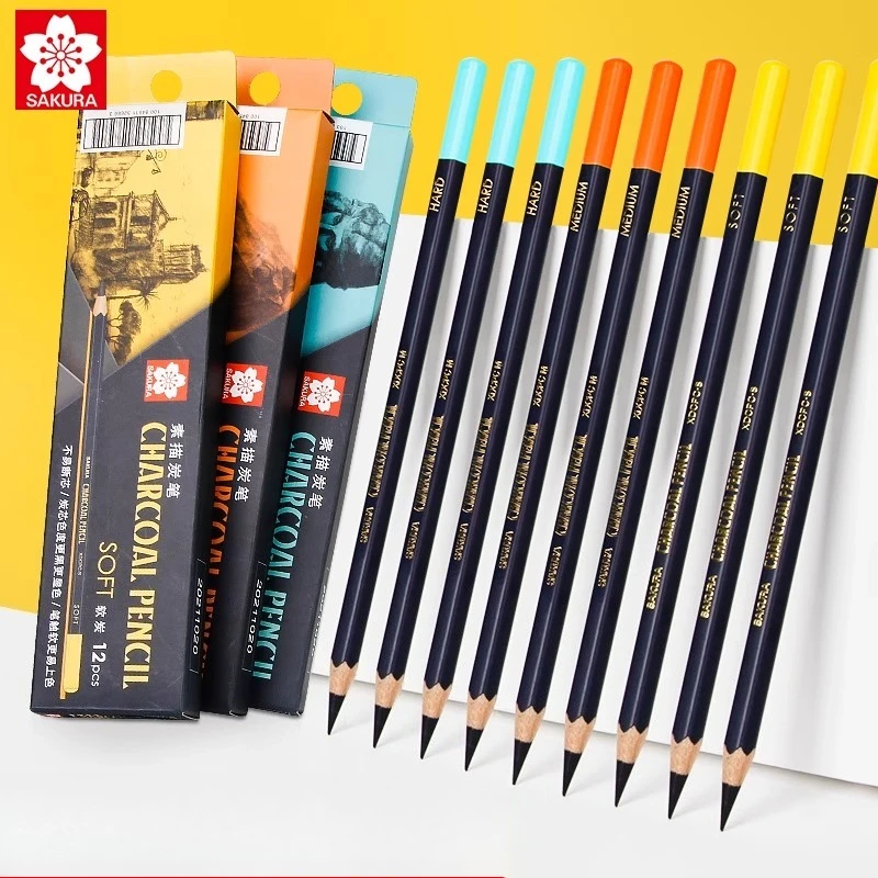 SAKURA Professional Charcoal Wooden Pencil Set Sketch Drawing Soft Medium Hard Wood Pencils - Artist & Student Art Supplies
