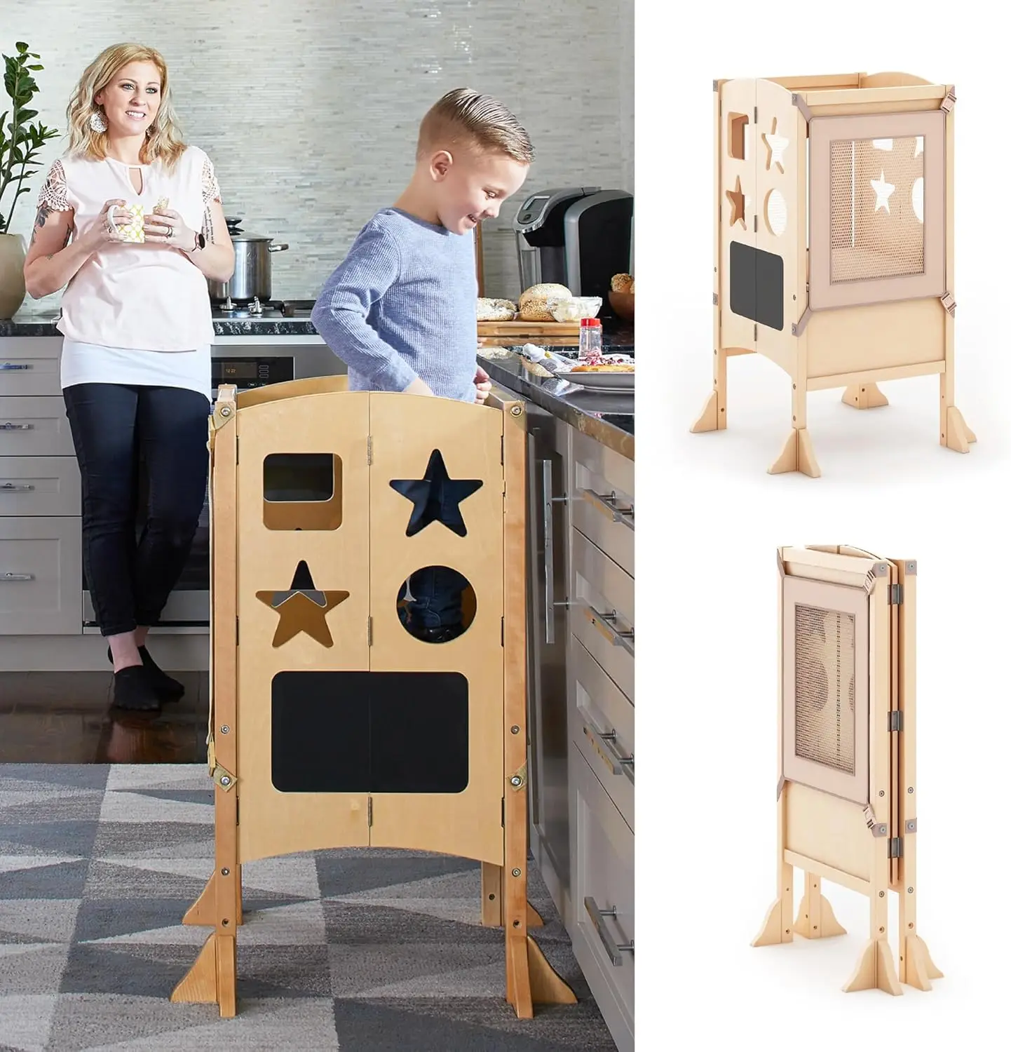 Classic Kitchen Helper® Toddler Tower and 2 Keepers - Natural: Folding Wooden Adjustable Height Platform, Kitchen Montessori Lea