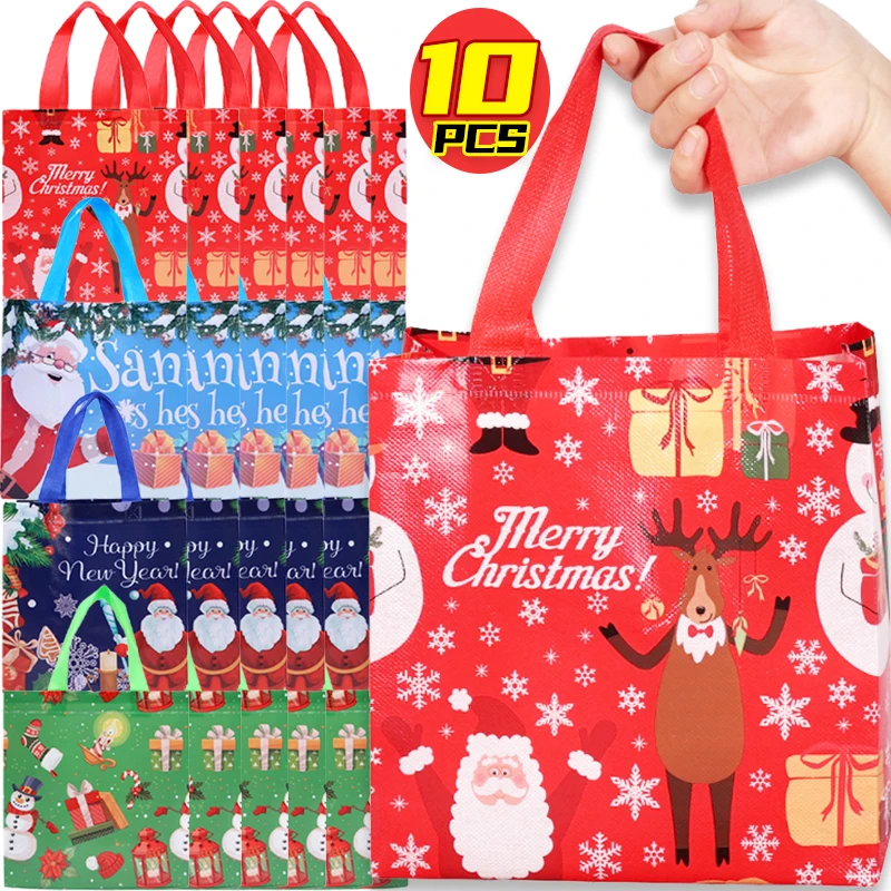 

1-10pcs Christmas Gift Bag Non Woven Fabric Handheld Bag Santa Claus Snowman Candy Cookie Packaging Bag New Year Party Supplies