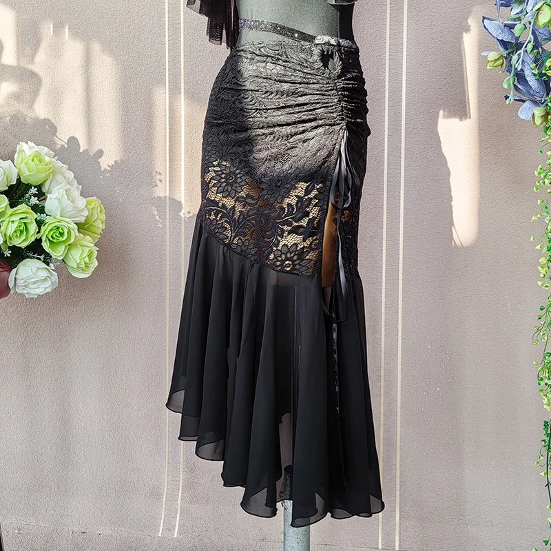 

Новая стандартная юбка для бальных танцев, черная кружевная юбка с оборками, женский костюм для вальса, сценическая одежда для танго, современная танцевальная одежда, женская 3163