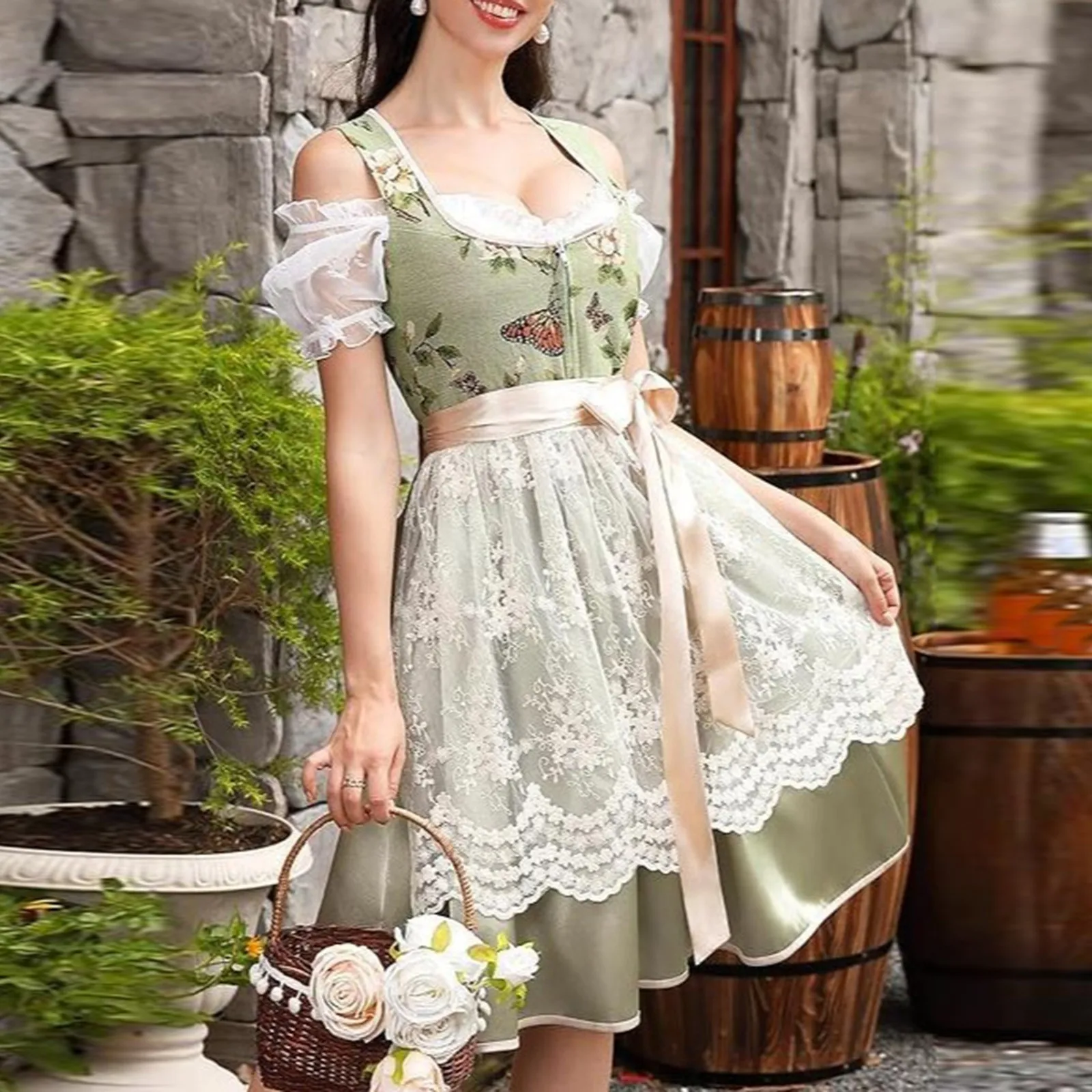 Germany Oktoberfest Costume Womens Vintage Lace Dirndl Dress Traditional Beer Festival Bavarian Costumes Maid Outfit With Apron