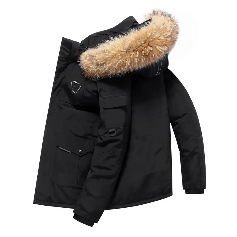 Vestes à capuche en duvet de canard pour hommes, col en fourrure combinée, parkas décontractées d\'extérieur pour hommes, coupe-vent, chaud, hiver,