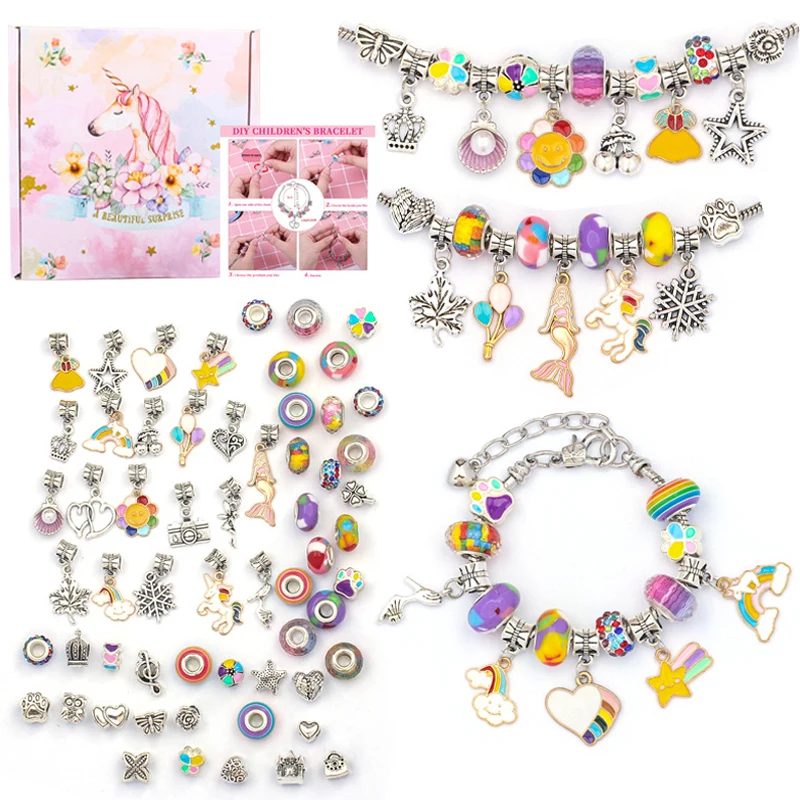 Cute Unicorn Box Colorful Charms Bracelet Set For Women DIY Spacer Beads Pendant Accessories Fashion Jewelry Making Kit Kid Gift