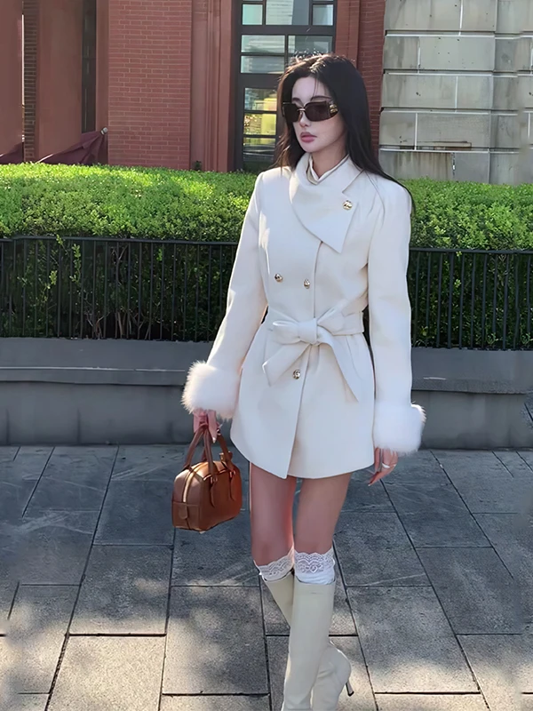 

Женское шерстяное пальто Ele Design с воротником-шарфом, двубортное, с поясом, приталенное, средней длины, в корейском стиле, для повседневной носки