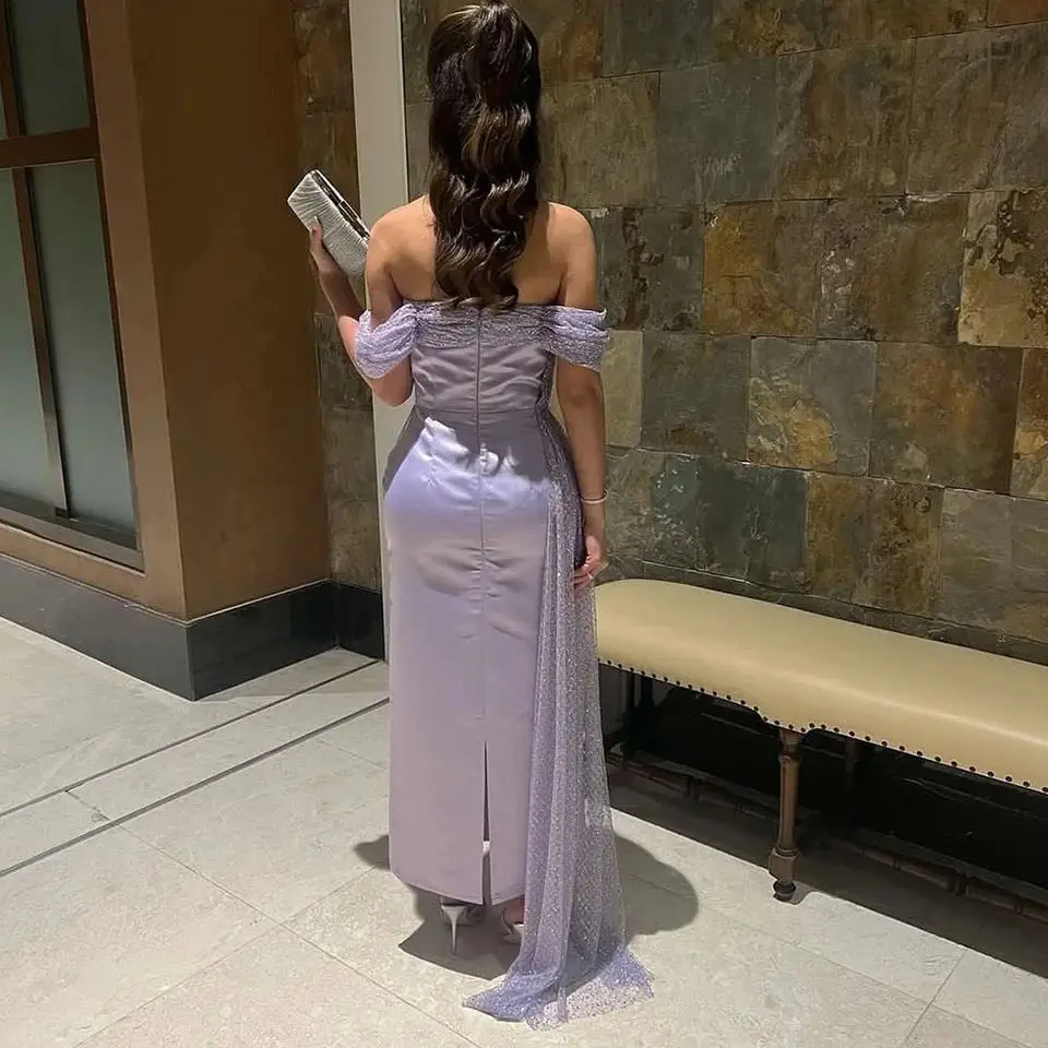 Customized Lilac Arabic Women Evening Dresses Elegant Off the Shoulder Glitter Ankle Length Prom Gowns Formal Party Dress