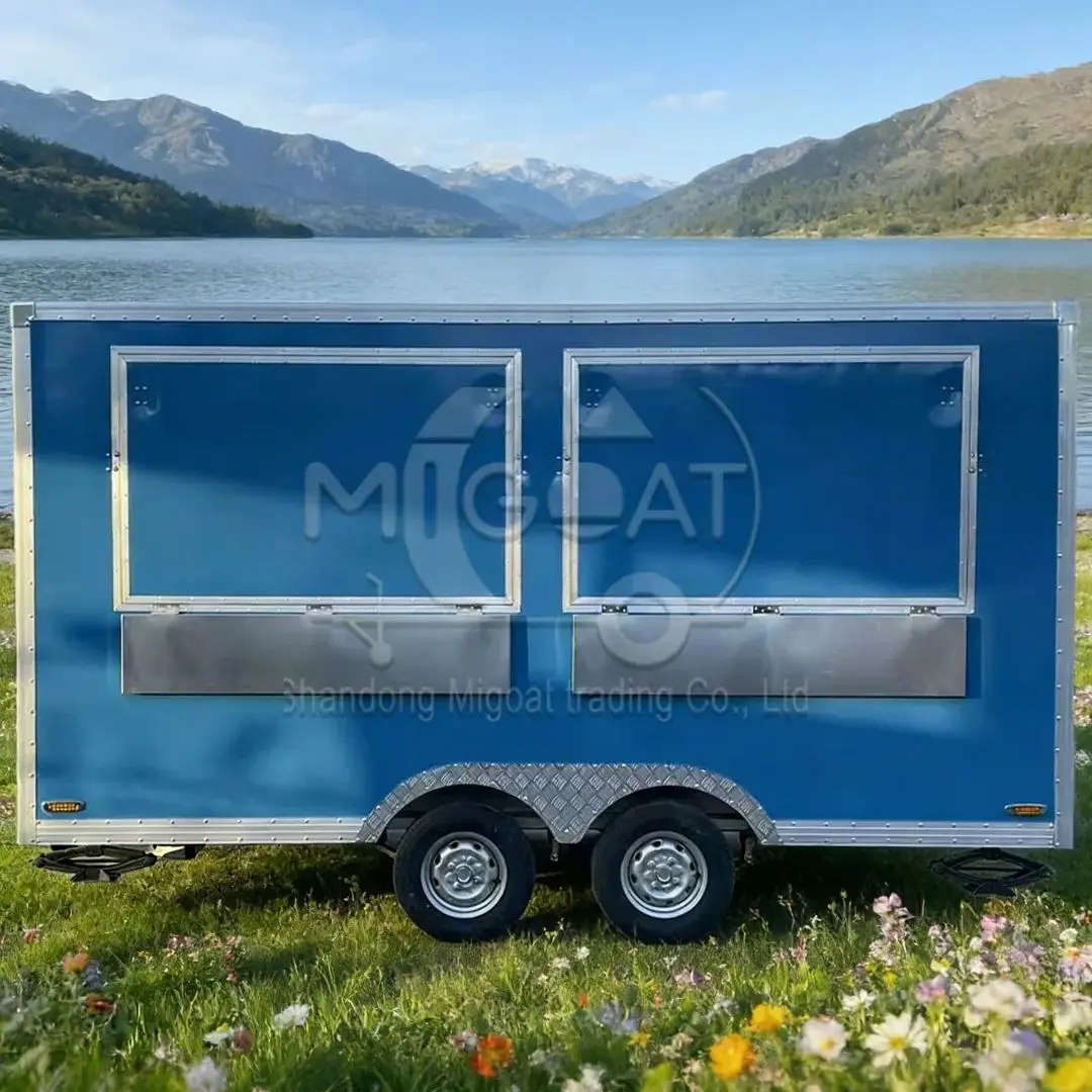 

Синий двухосный мобильный фудтрак-прицеп, многофункциональная тележка для кейтеринга, идеально подходит для ночных рынков и уличной торговли едой