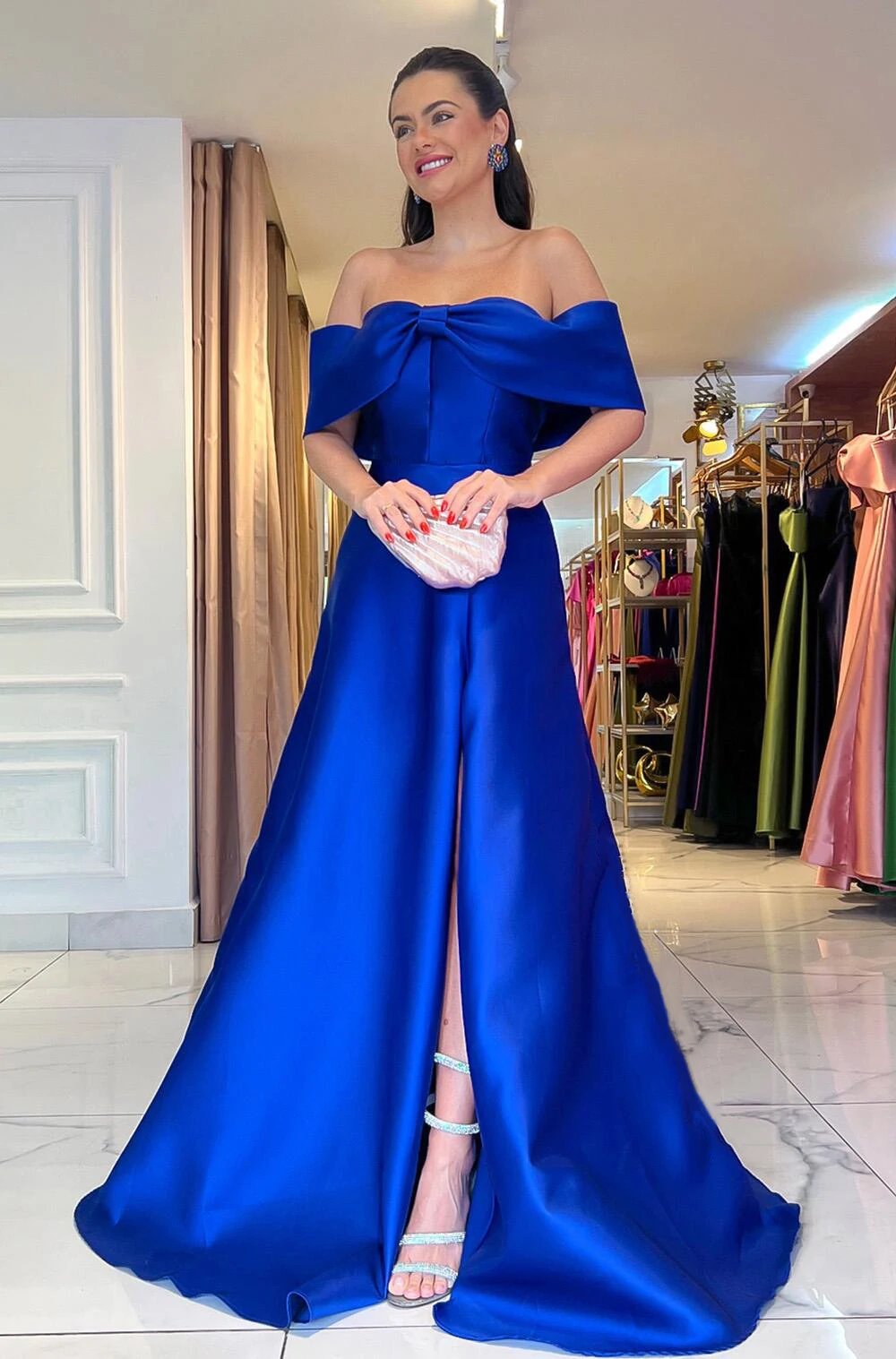 Satin Elegant Off the Shoulder A-line Evening Dresses Backless High Slit Bow Floor-Length Wedding Guest Gowns Simple Party Dress