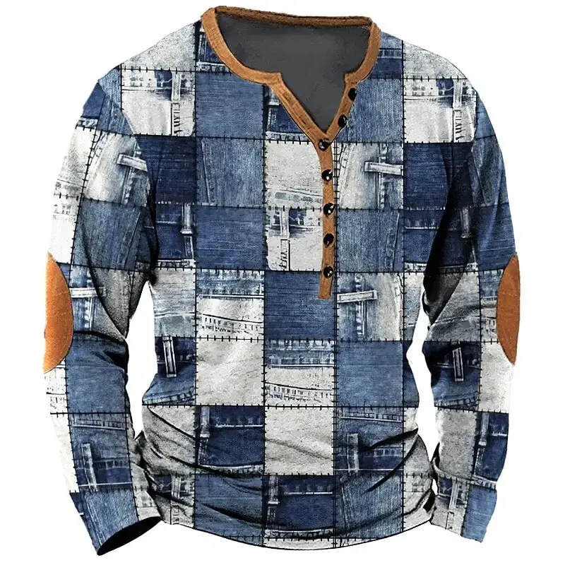 Patchwork Denim Vintage Men\'s T Shirt Patchwork Grid Pattern Long Sleeve 3D Print Long Sleeve T Shirt Oversized Men\'s Button Top