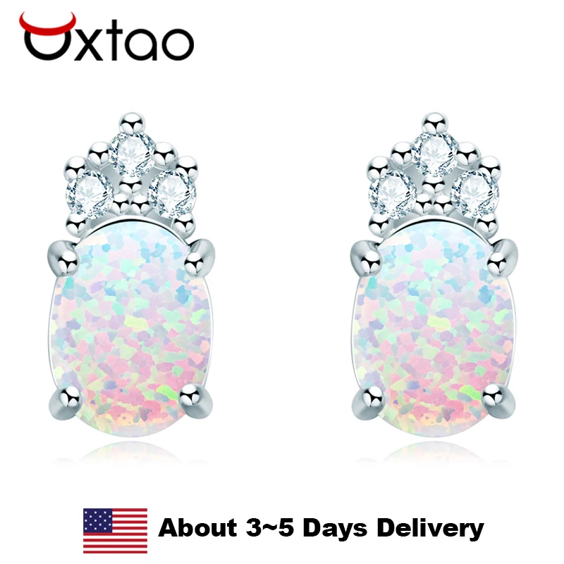 

Серьги OXTAO с овальным белым опалом и цирконом, из серебра 925 пробы, модные, серебряного цвета, свадебные украшения, винтажные серьги-гвоздики для женщин