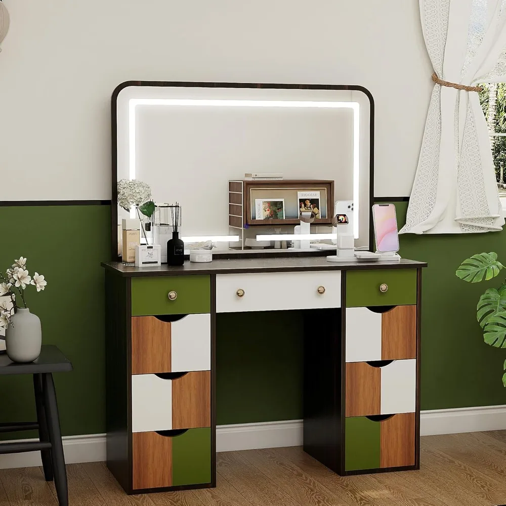 

Vanity Desk with Power Outlet, Makeup Vanity with Mirror and 3 Adjustable LED Lights, Makeup Desk with 9 Drawers for Bedroom