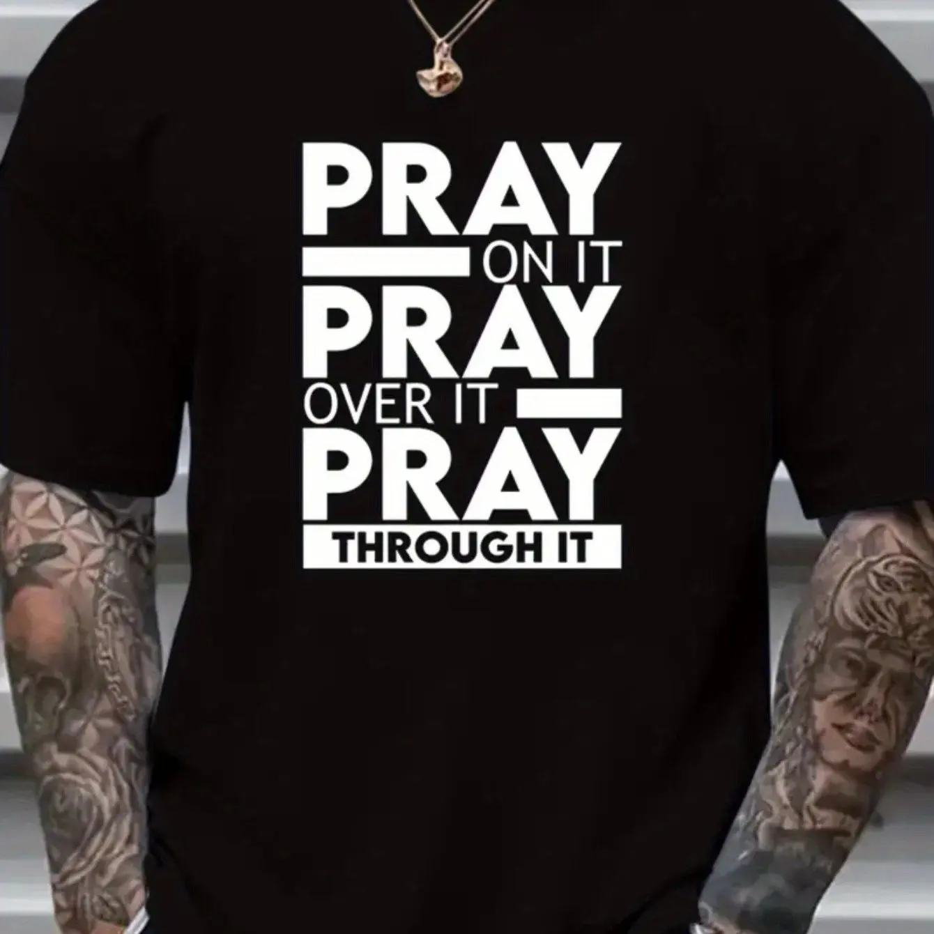 

Black T-Shirt with Pray On It Pray Over Through It Graphic Comfortable Casual Short Sleeve Tee Inspirational Faith-Based Designs