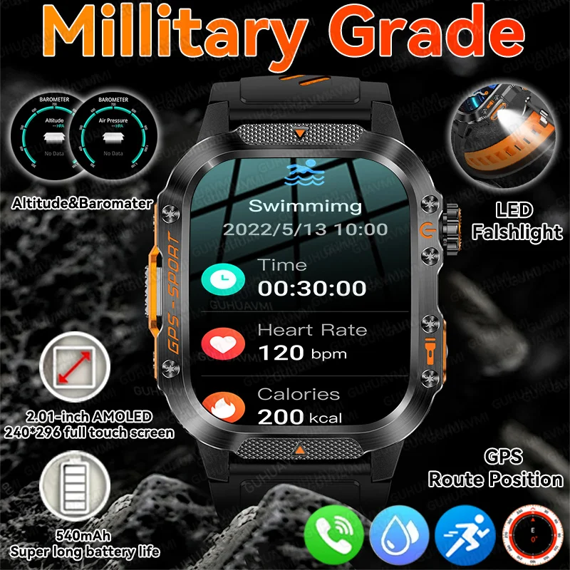 

2026 Millitary Grade Built-in GPS Position 2.01"Smart Watch Men 3ATM Waterproof Compass 540mAh Bluetooth Call Smartwatches IOS