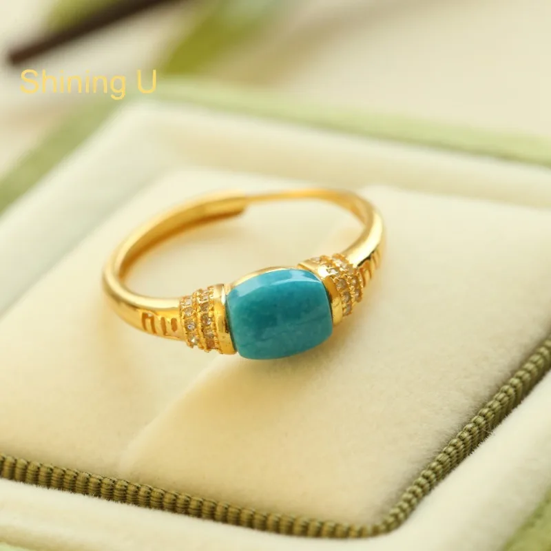 Shining U S925 Silver Vintage Turquoise Ring for Women Fine Jewelry Anniversary