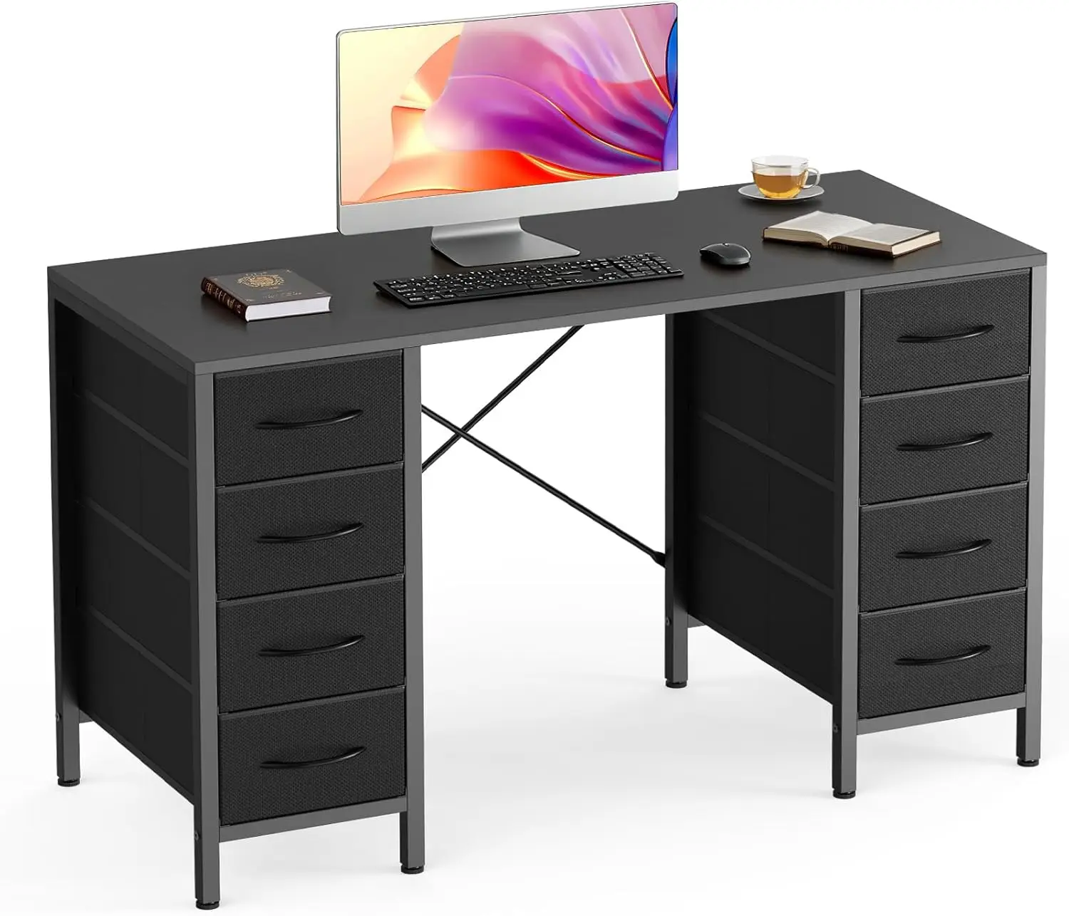 47-Inch Computer Desk with 8 Fabric Drawers, X-Shaped Reinforced Structure for Office or Gaming, Black