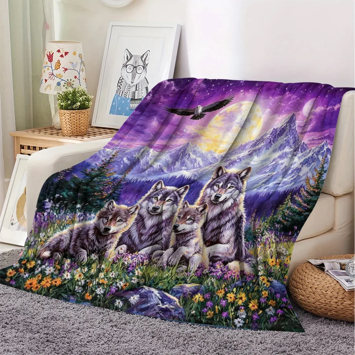 A Blanket Featuring a Snow Mountain Wolf Design, Suitable for Air Conditioning, Made of Flannel, Perfect for Napping in Dorms Or