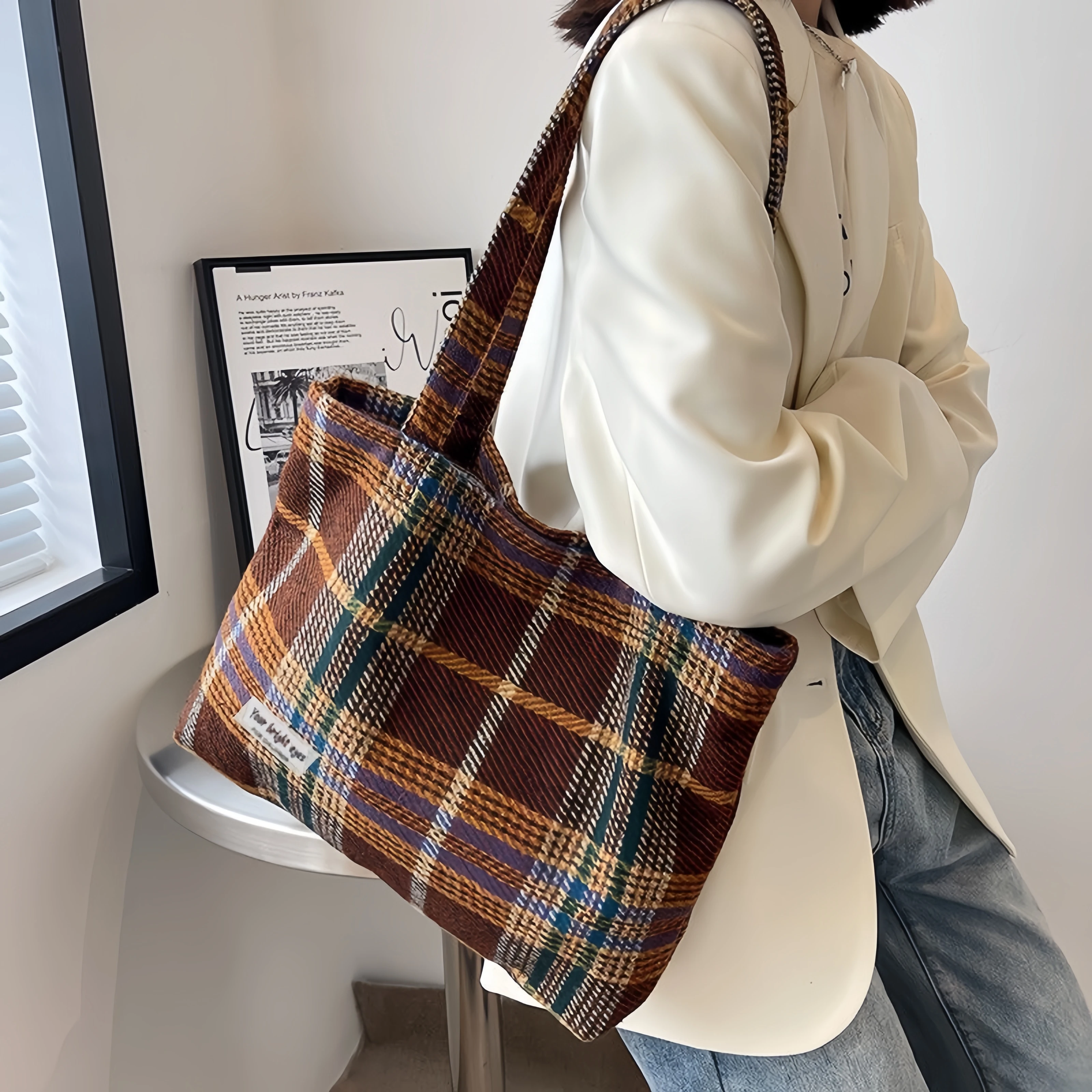 New Large Capacity Korean Retro Woolen Mixed Color Simple Fashion One Shoulder Shopping Bag Versatile Casual Women's Tote Bag