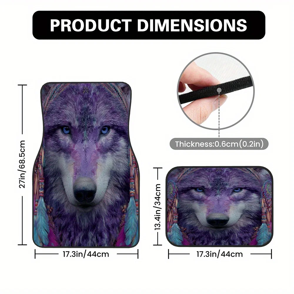 4-Piece Mystery Wolf Tribe Art Car Mat - Bright Purple and Wolf Design, Durable Polyester Materia
