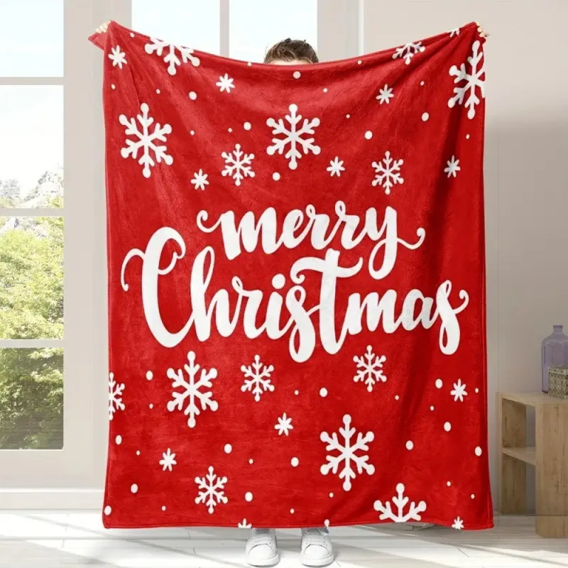 Red Background White Snowflakes Merry Christmas Script Fleece Blanket For Classic Holiday Vibe Lightweight Plush Throw Blanket