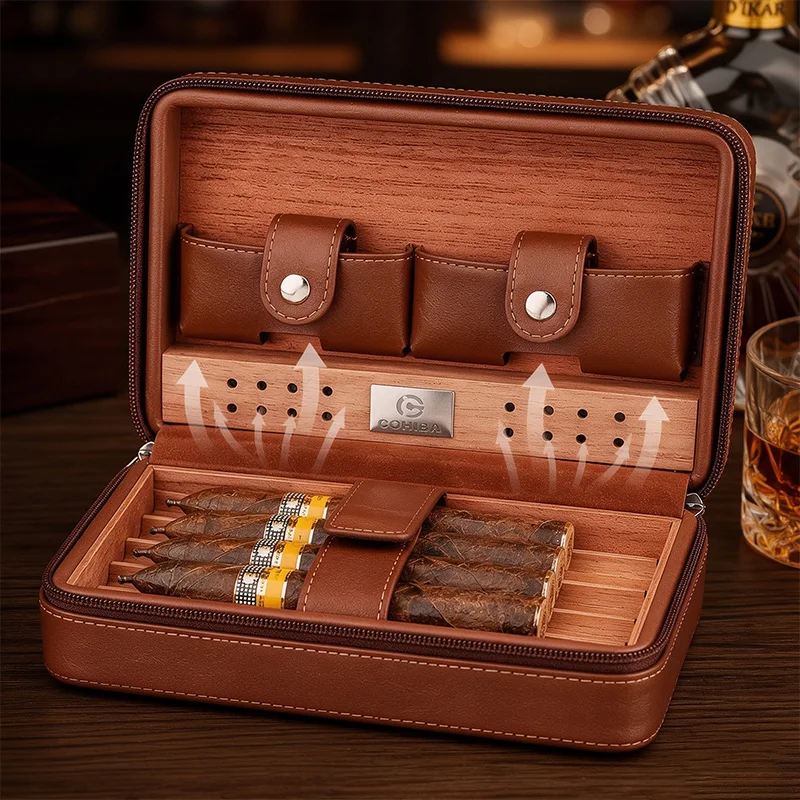 Portable PU Leather Cigar Humidor Travel Case with Cedar Wood Liner Humidifier Slot 2 Tool Pockets Smoking Gift for Cigar Lovers