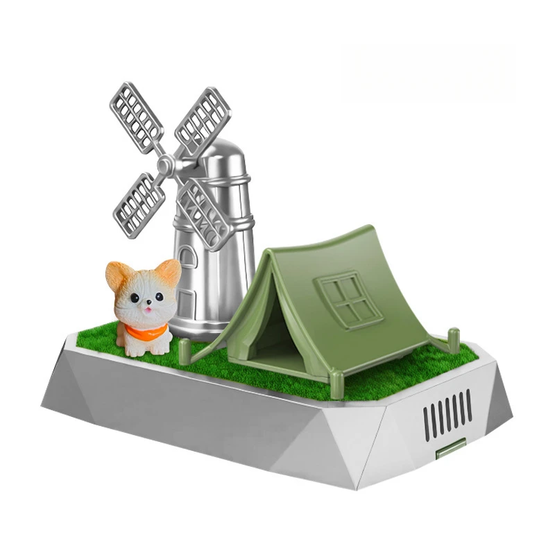 Solar-Powered Car Air Freshener with Rotating Windmill Cute Dog Camping Tent Design Long-Lasting Fragrance Indoor Car Decor