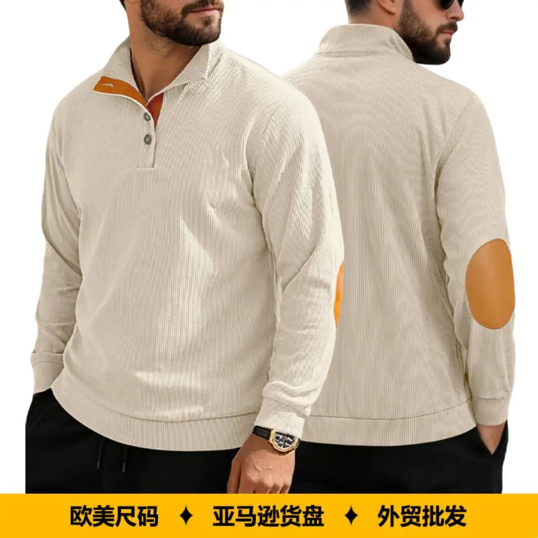 Men's Autumn Corduroy Stand-up Collar Half-open Button Color Matching Casual Large Size American Long-sleeved Sweater Cw35113