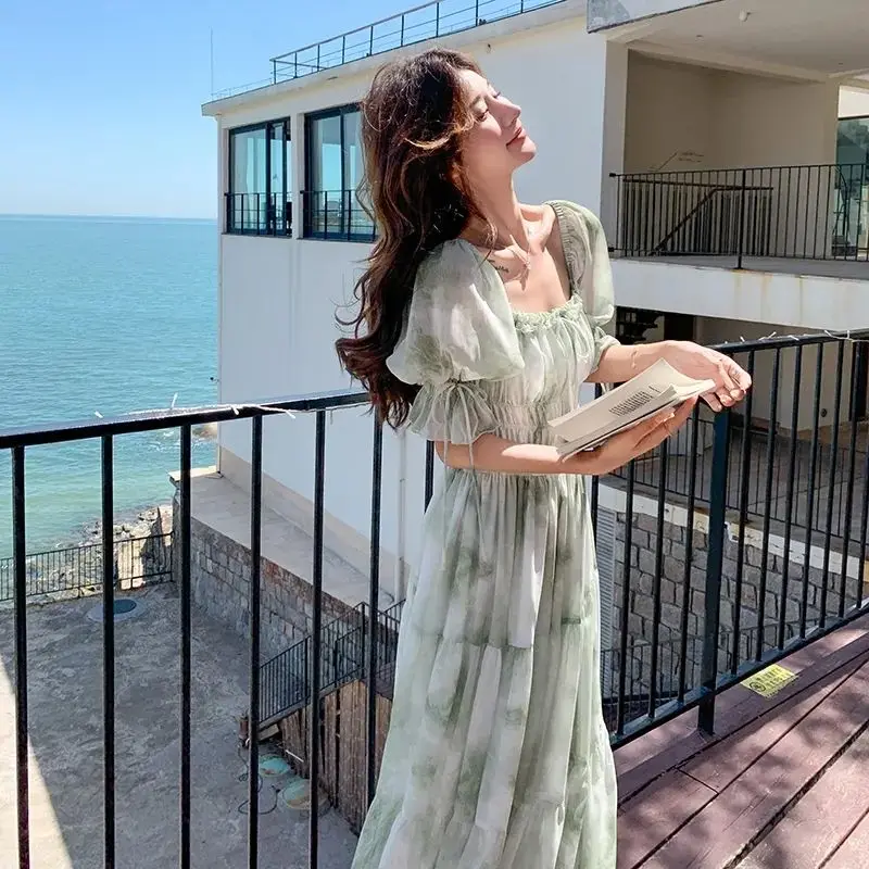 Robe à fleurs Vintage pour femmes, élégante, en mousseline de soie, robe de soirée coréenne, manches bouffantes, col en V, mi-longue, robes d'automne pour femmes, 2025