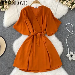 OCEANLOVE Vestidos Para Mujer Flare Sleeve Bow Bandage Solid V Neck Sexy Women Dresses Korean Fashion Summer Dress Elegant