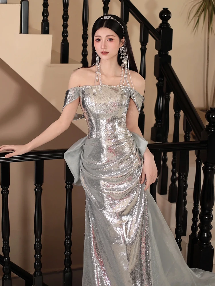 

Ele Silver One-oulder Evening Gown for Adults Wedding Par Banquet Performance Long Skirt without Sve mid Waist