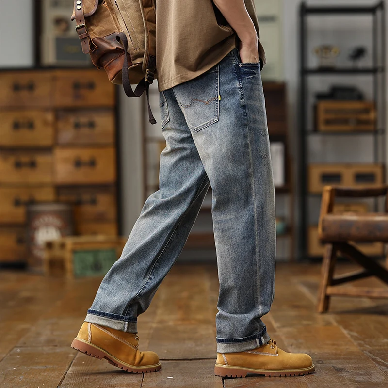 Spring/Summer Loose Straight American High Street Elastic Light Blue Denim Pants Baggy Wide Leg Jeans Streetwear Men