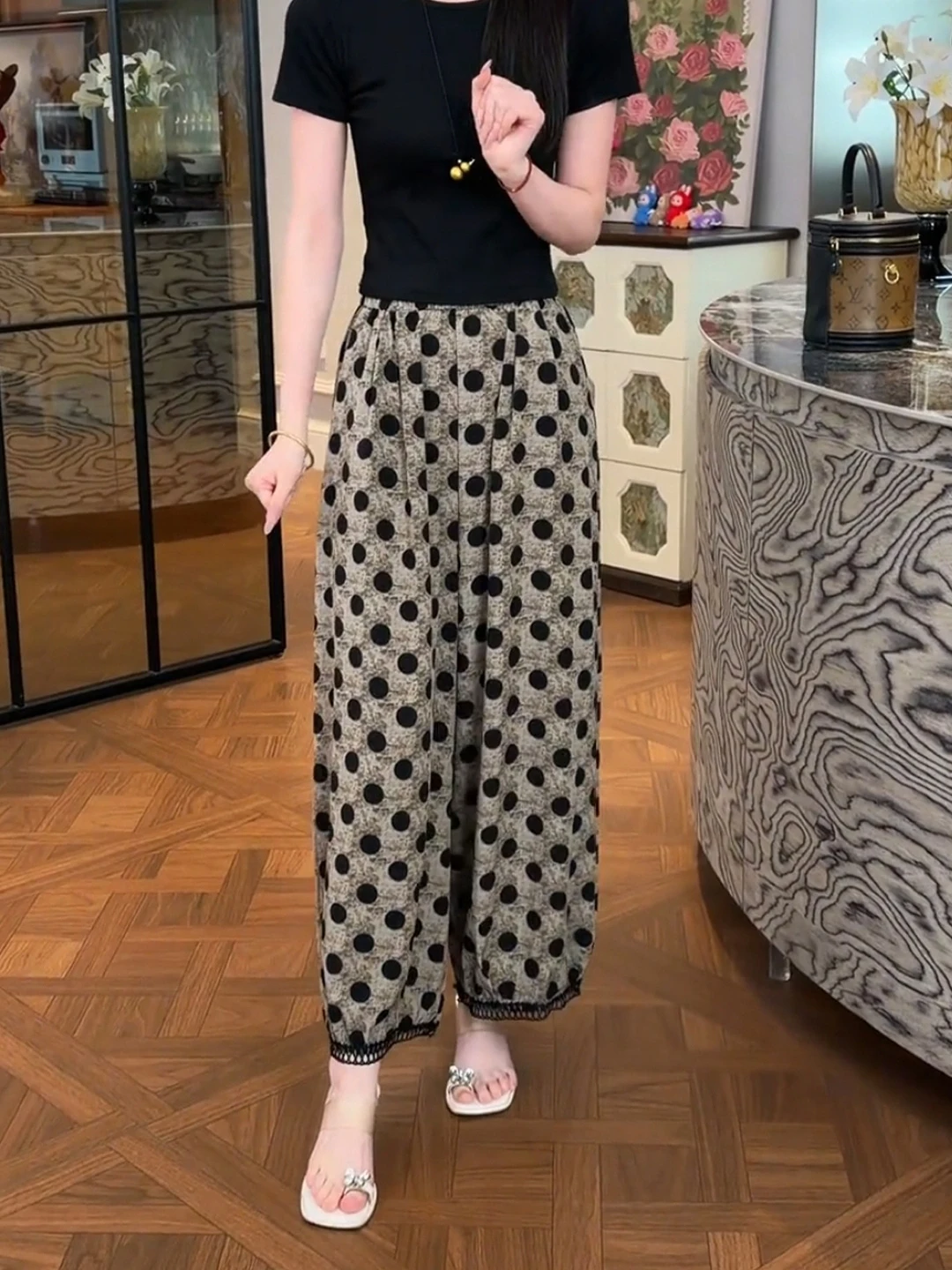 Slimming Polka Dot Pants Women's Korean Style Drapey Thin High Waist Wide Leg Casual Trousers for Pear Shaped Body Loose Fit