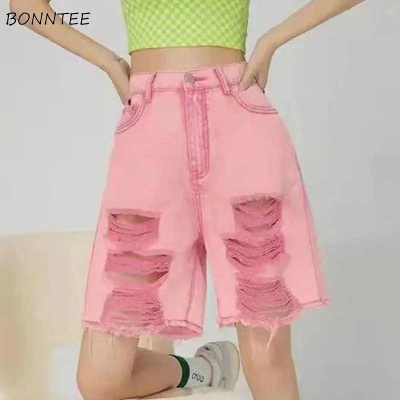 

Hole Denim Shorts Women Pink S-4XL Ripped Baggy Vintage Y2k Summer Streetwear High Waist Mujer Harajuku Fashion Daily Girlish