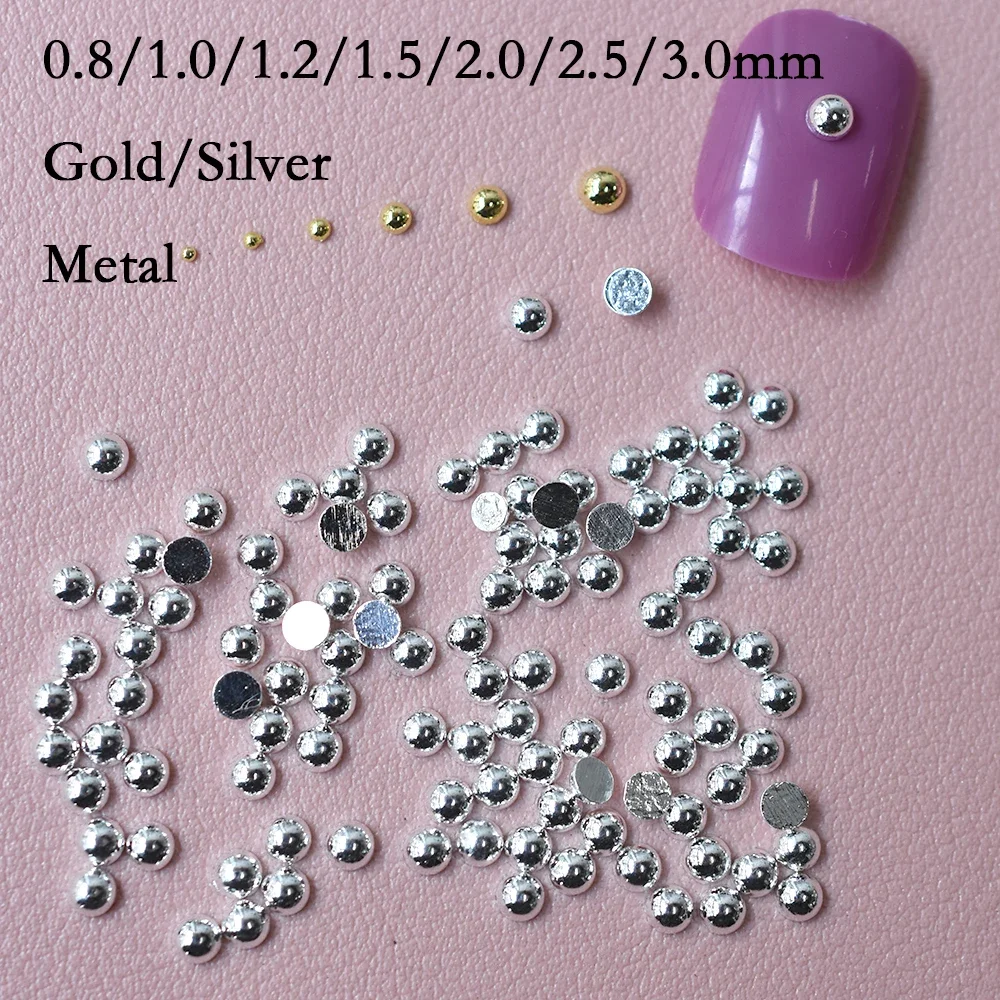 1000PCS/bag Gold Silver 0.8-3.0mm Metal Alloy Glitter Flatback Solid Half Round Nail Art Decorations Semicircle Gems Stone DIY