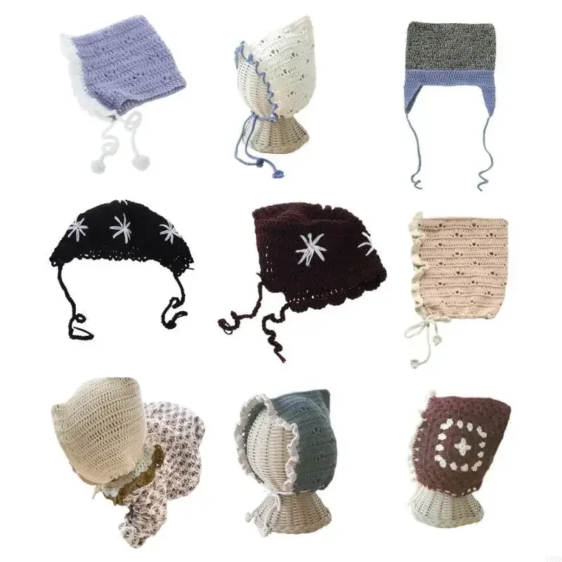 かぎ針編みの帽子 女の子用 レース付き ベビーボンネット 柔らかくて暖かい 幼児用ビーニー