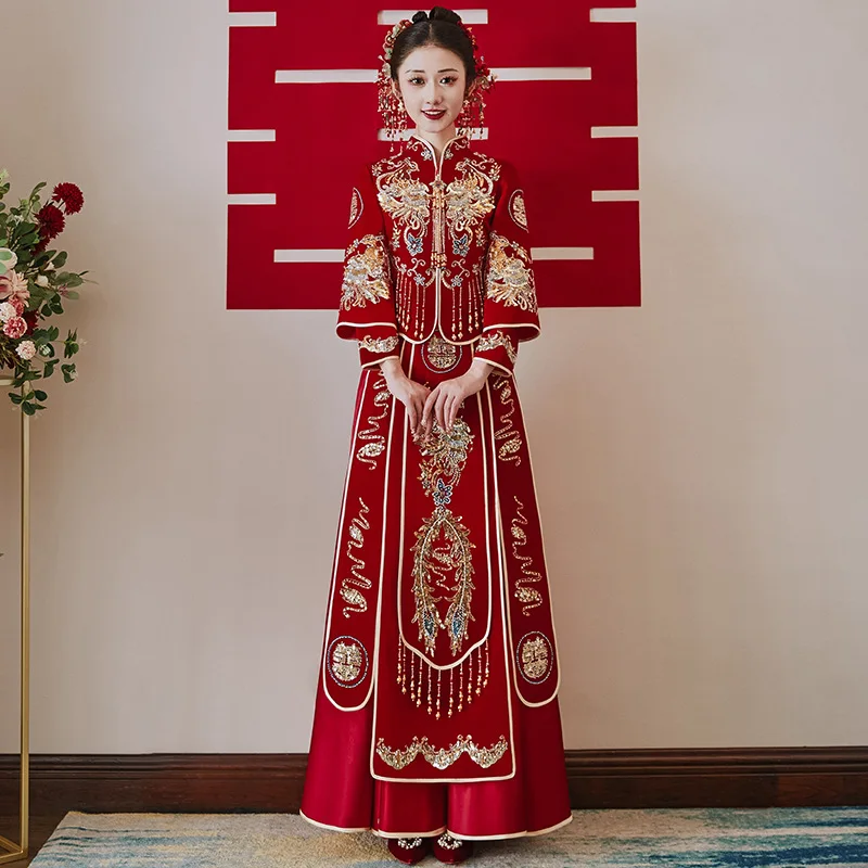 Xiuhe roupas novas vestido de noiva casamento brinde roupas dragão e phoenix vestido de casamento estilo chinês roupas de casamento