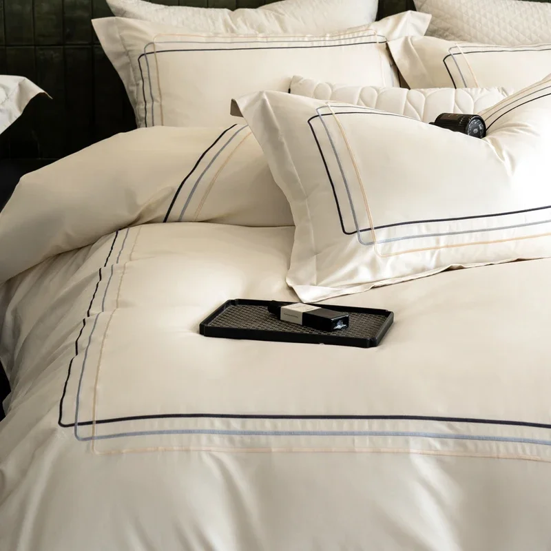 60S Long-Staple Cotton Luxury Embroidery Hotel Style Bedding Set Queen King Size Duvet Cover Flat/Fitted Sheet Pillowcases 4Pcs