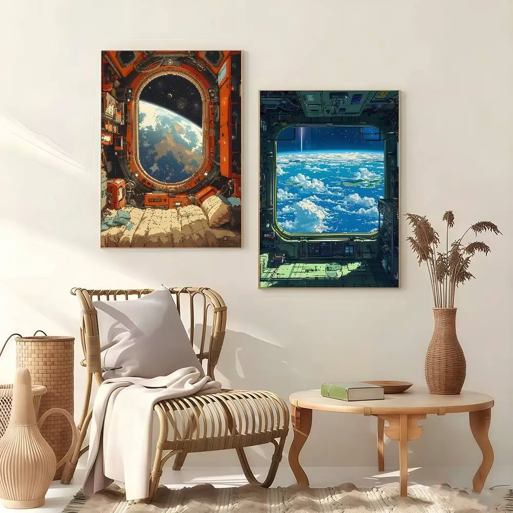 Iridescent Art On Spaceship Windows Poster Stickers Art Print Retro Vintage Wall Decor HD Living Room Home Office Gift Occasion