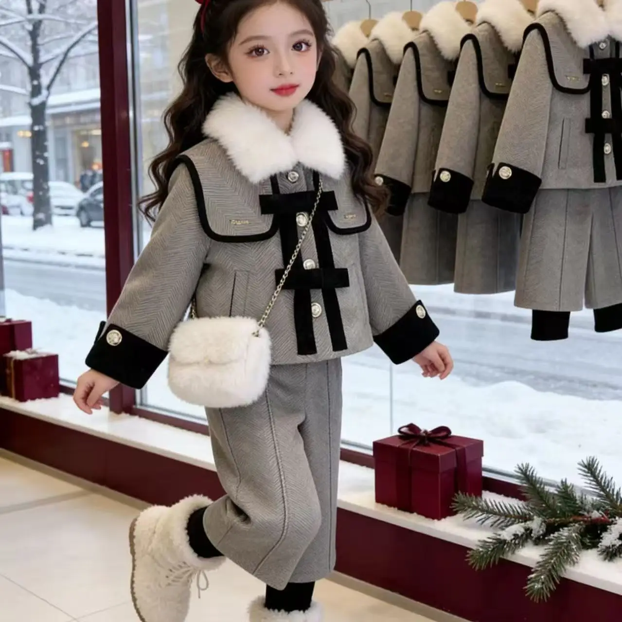 Girls' Winter Wool Lining Set 2026 New Thick and Warm Children's Baby Clothing Two Piece Set 90-150cm